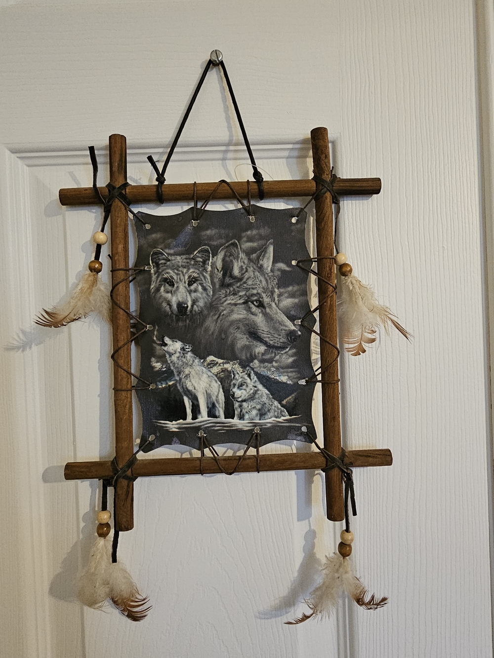 Rustic Wolf Dreamcatcher Wall Art - Brown Frame, Gray Wolf Print